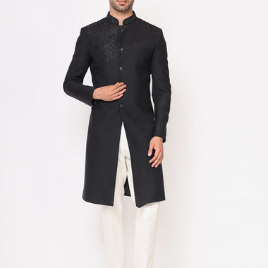 Black Italian Hand Embroidered Indo Western Set
