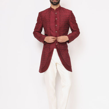 Maroon Pure Raw Silk Machine Embroidered Indo western Set