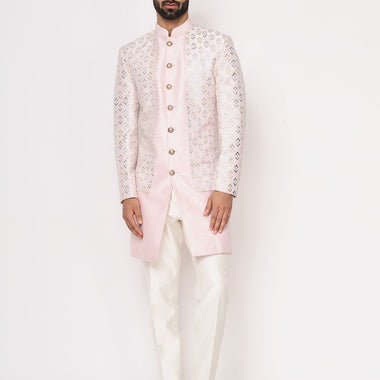 Light Pink Pure Raw Silk Leather Work Indo Western Set