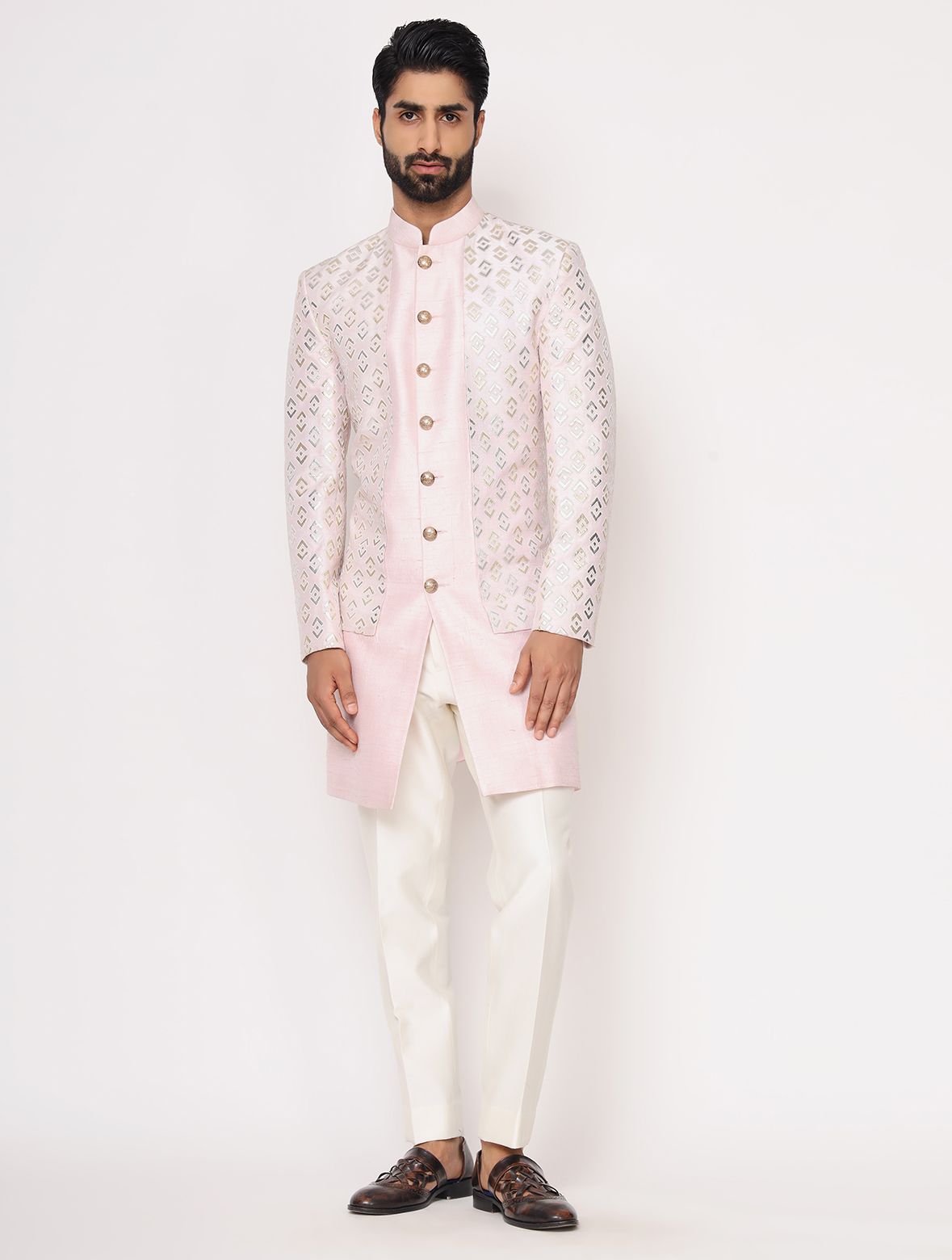 Light Pink Pure Raw Silk Leather Work Indo Western Set