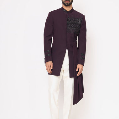 Wine Italian Hand Embroidered Drape Indo Western Set