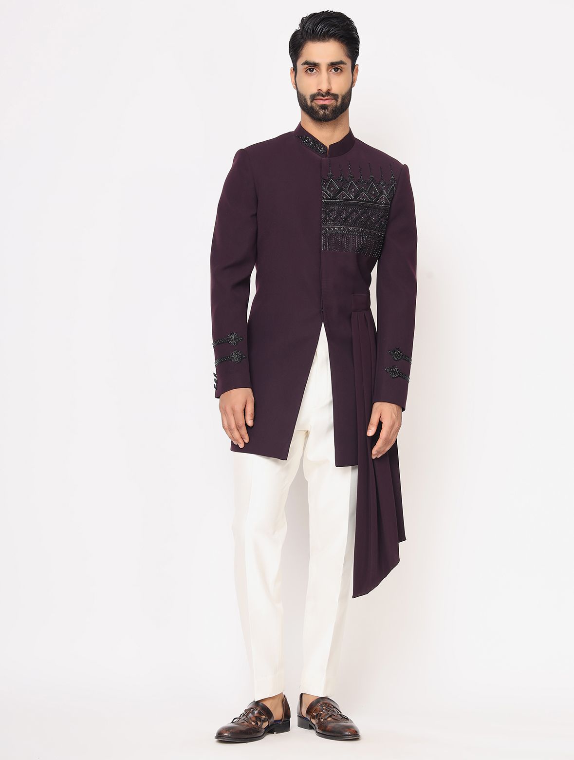 Wine Italian Hand Embroidered Drape Indo Western Set