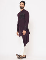 Wine Italian Hand Embroidered Drape Indo Western Set