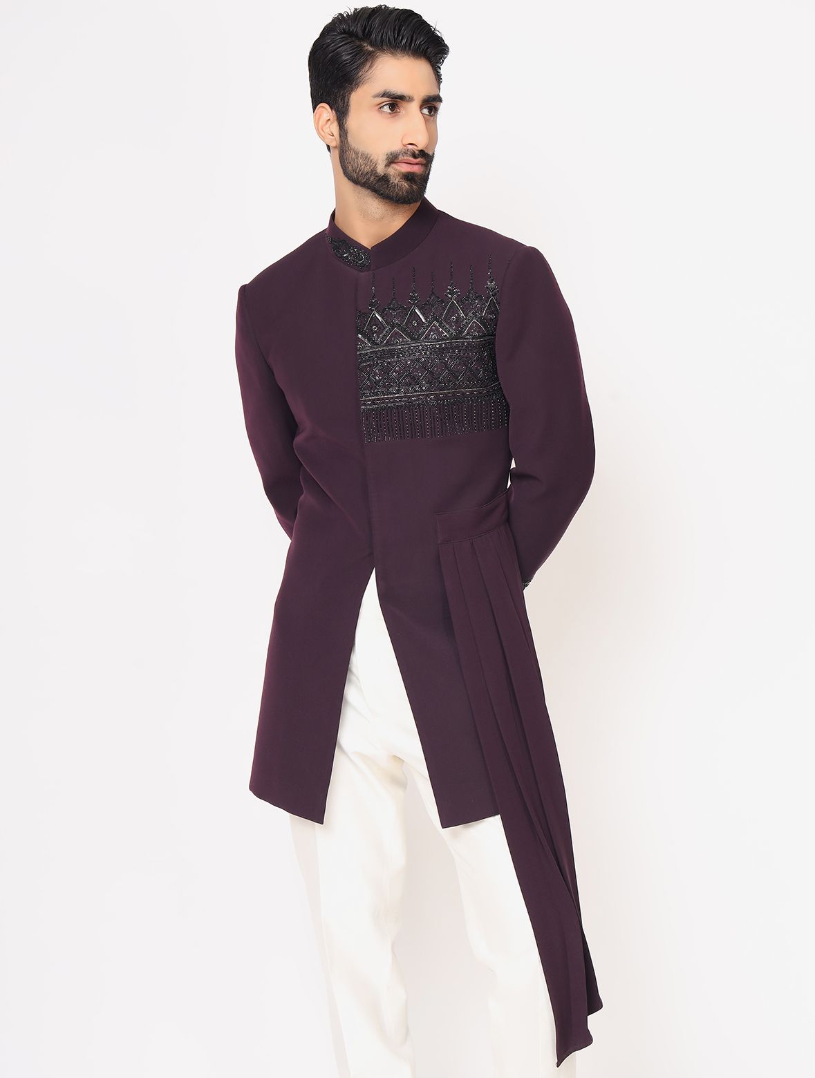 Wine Italian Hand Embroidered Drape Indo Western Set