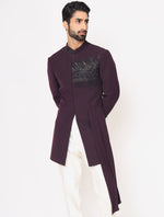Wine Italian Hand Embroidered Drape Indo Western Set