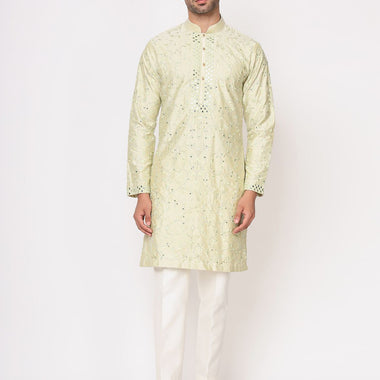 Pista Green Silk Mirror Work Kurta Trouser Set