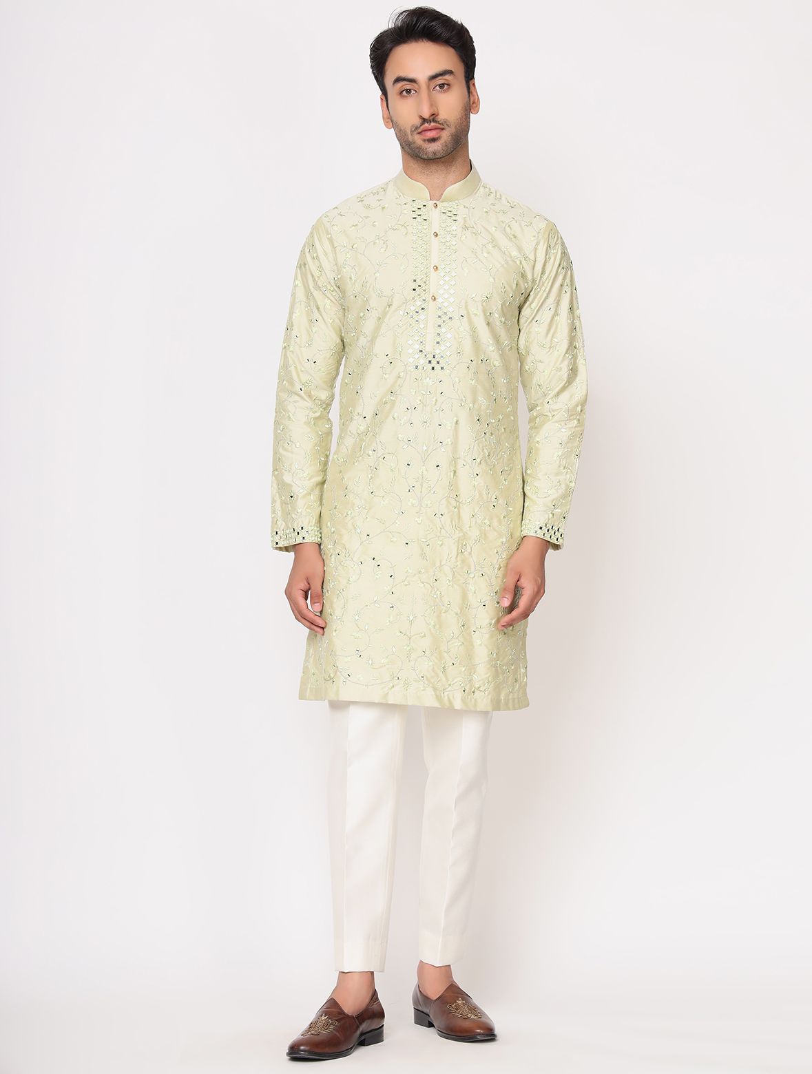 Pista Green Silk Mirror Work Kurta Trouser Set