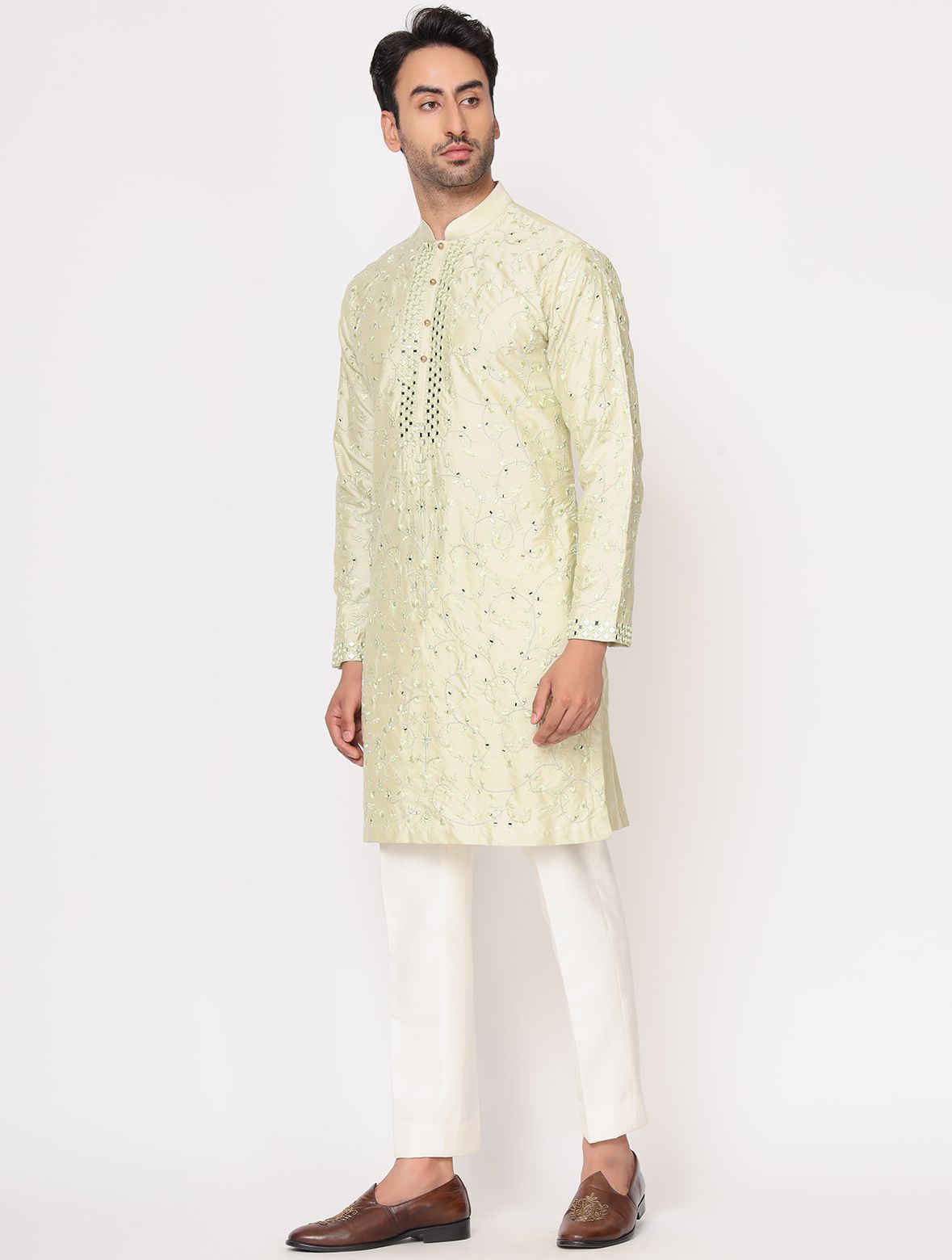 Pista Green Silk Mirror Work Kurta Trouser Set