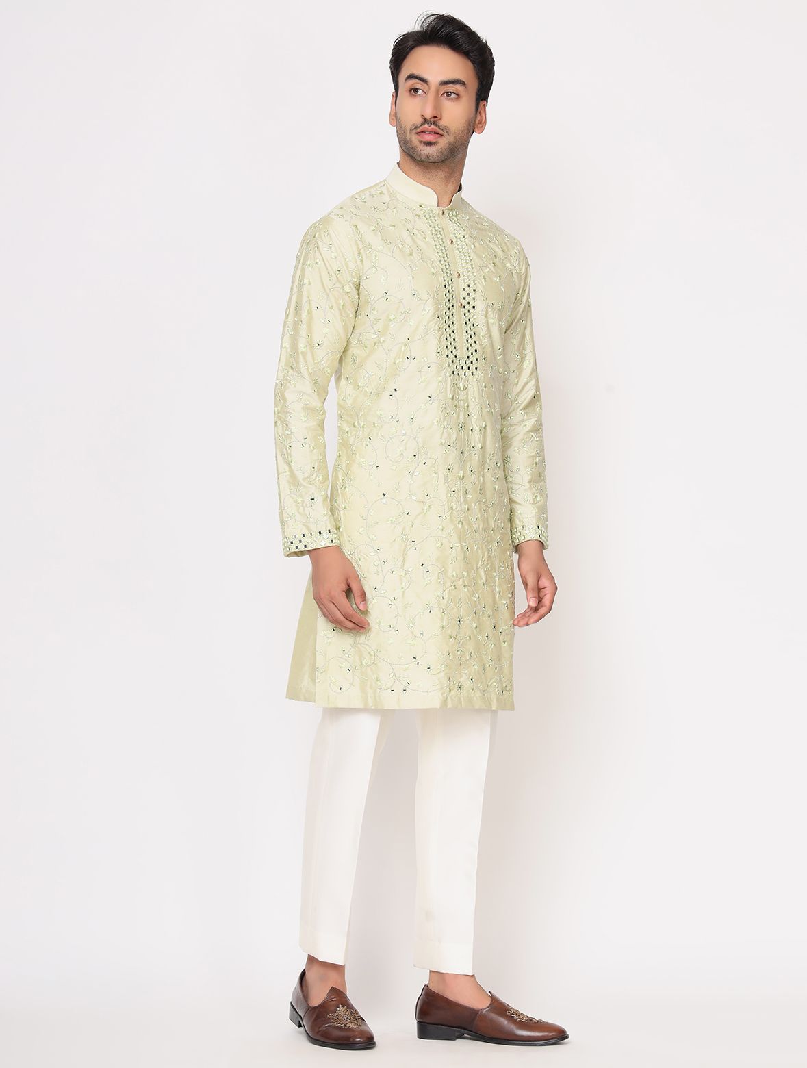 Pista Green Silk Mirror Work Kurta Trouser Set
