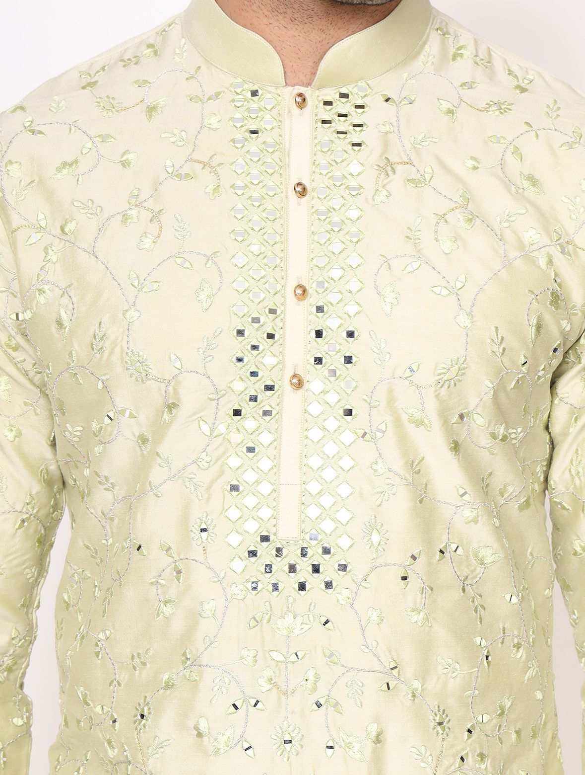 Pista Green Silk Mirror Work Kurta Trouser Set