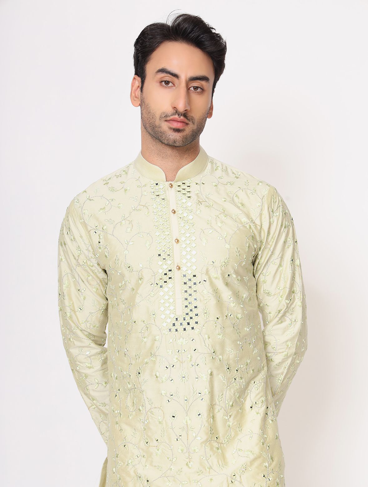 Pista Green Silk Mirror Work Kurta Trouser Set