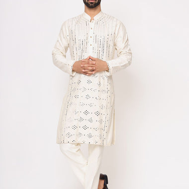 Ivory Silk All Mirror Work Kurta Trouser Set
