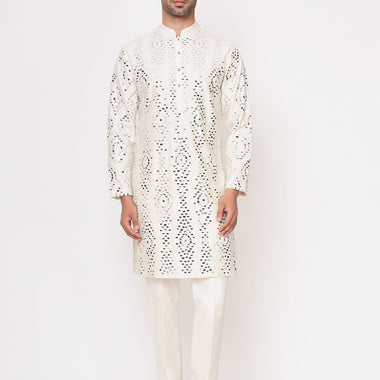 Off White Silk Mirror work Kurta Trouser Set