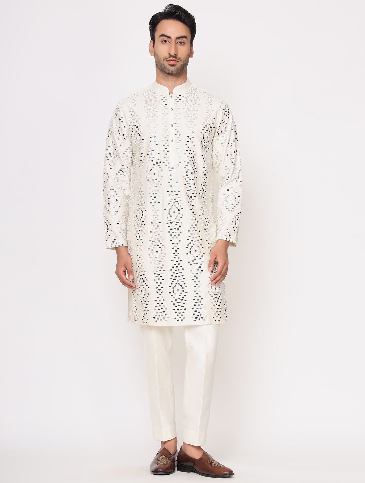 Off White Silk Mirror work Kurta Trouser Set