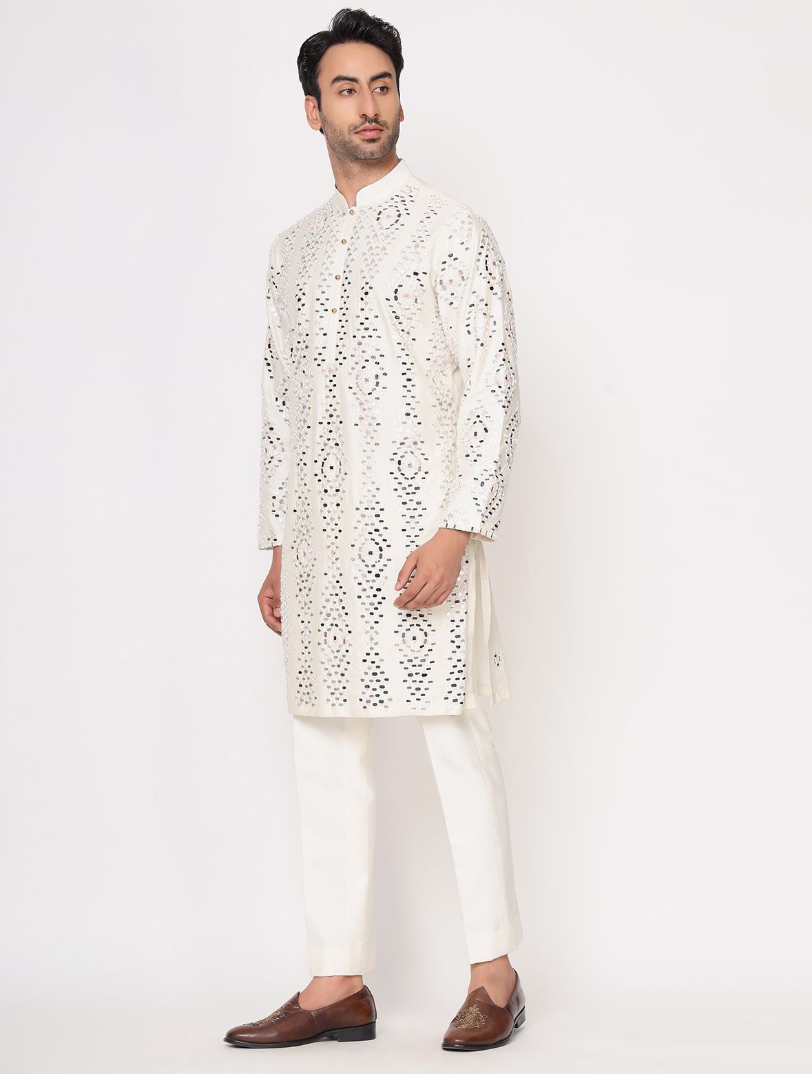 Off White Silk Mirror work Kurta Trouser Set