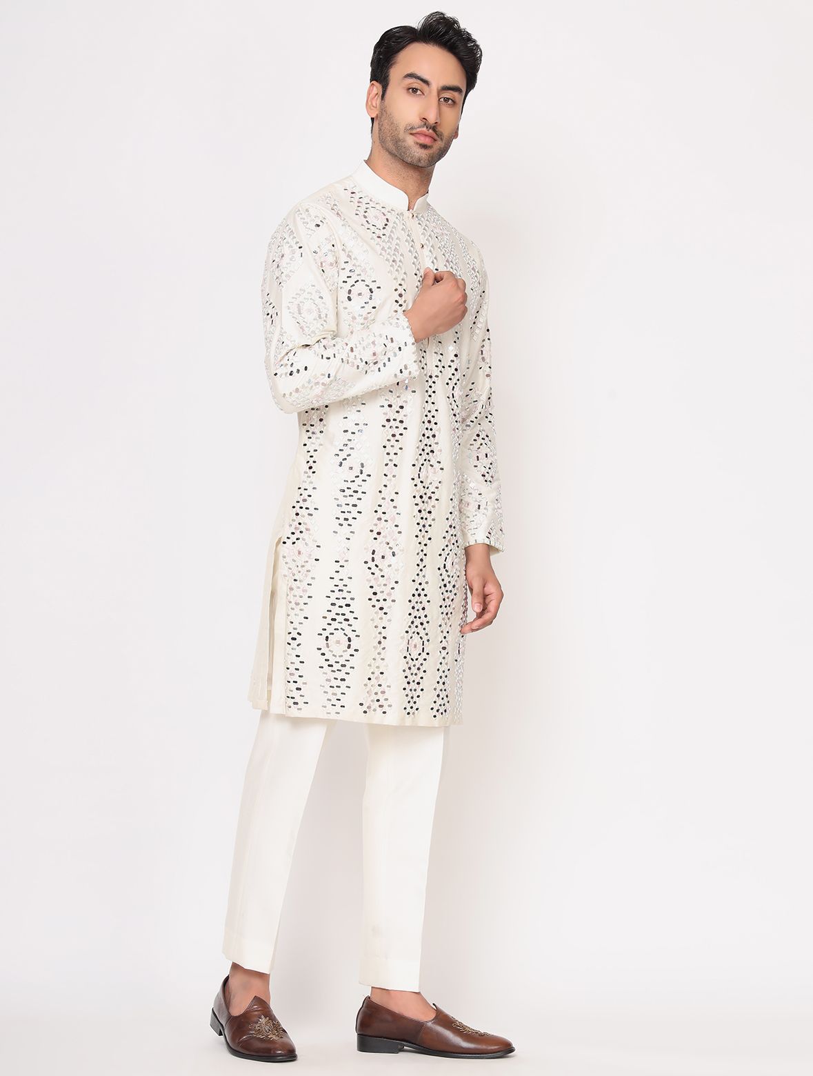 Off White Silk Mirror work Kurta Trouser Set
