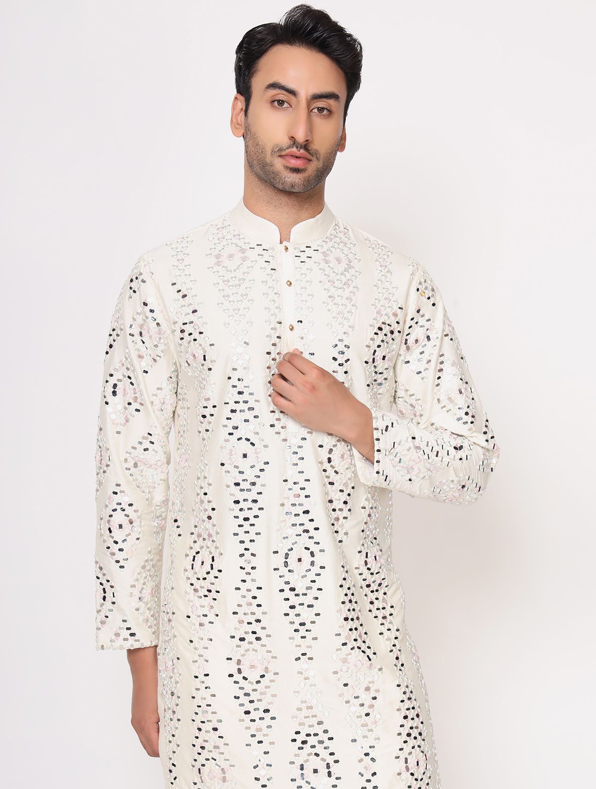 Off White Silk Mirror work Kurta Trouser Set