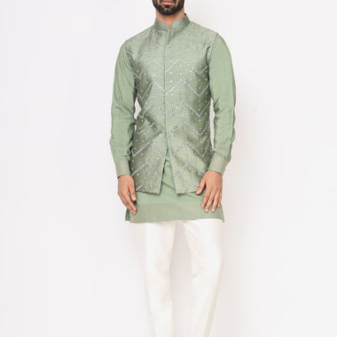 Pastel Green Chanderi Silk Kurta With Raw Silk Mirror Work Jacket Trouser Set