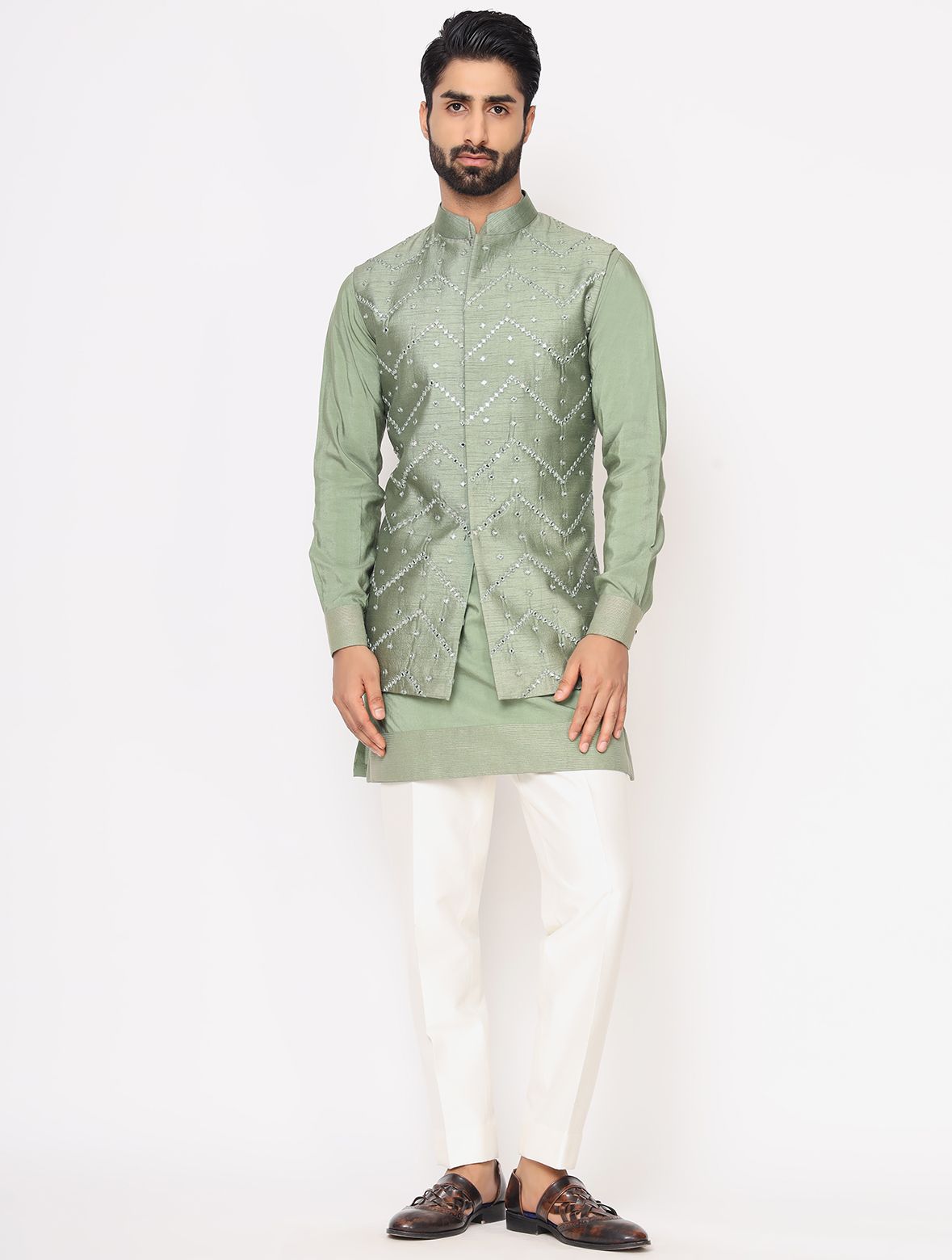Pastel Green Chanderi Silk Kurta With Raw Silk Mirror Work Jacket Trouser Set