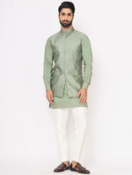 Pastel Green Chanderi Silk Kurta With Raw Silk Mirror Work Jacket Trouser Set