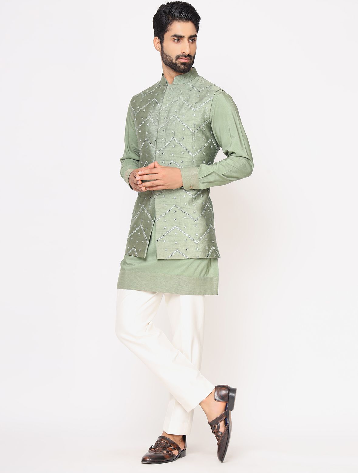 Pastel Green Chanderi Silk Kurta With Raw Silk Mirror Work Jacket Trouser Set