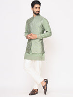 Pastel Green Chanderi Silk Kurta With Raw Silk Mirror Work Jacket Trouser Set