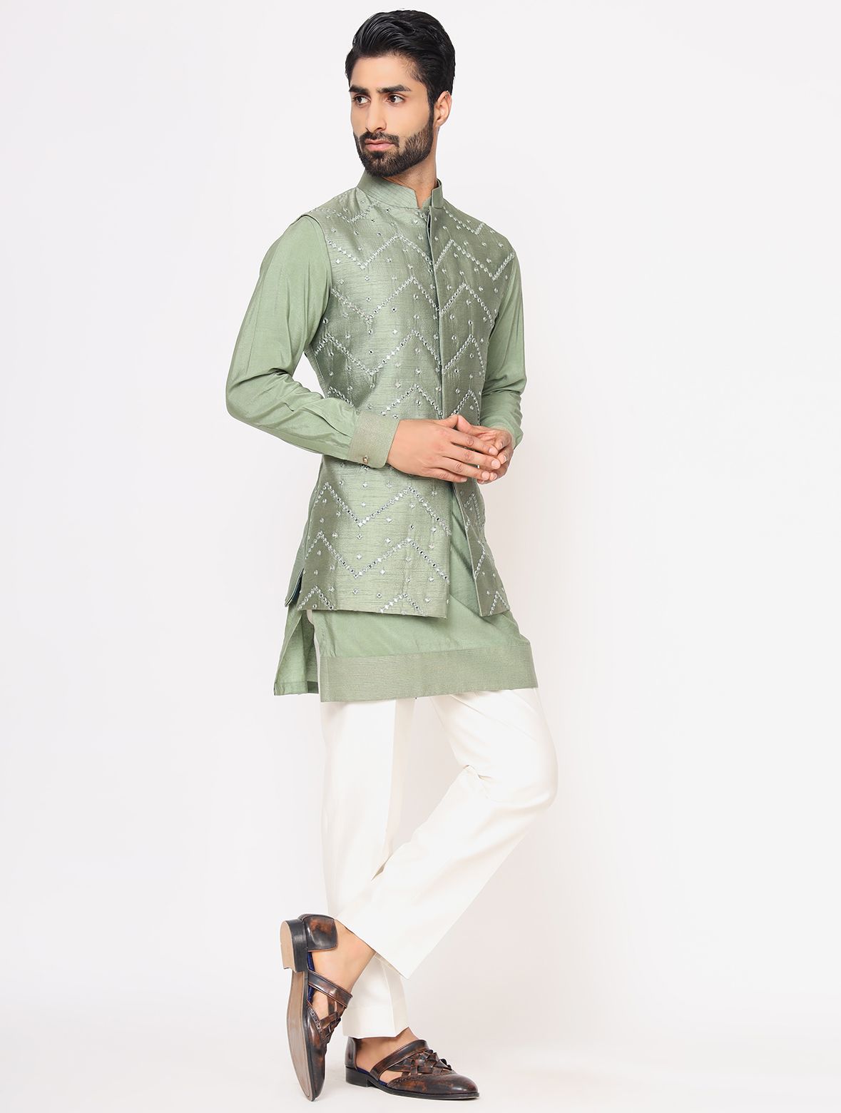 Pastel Green Chanderi Silk Kurta With Raw Silk Mirror Work Jacket Trouser Set