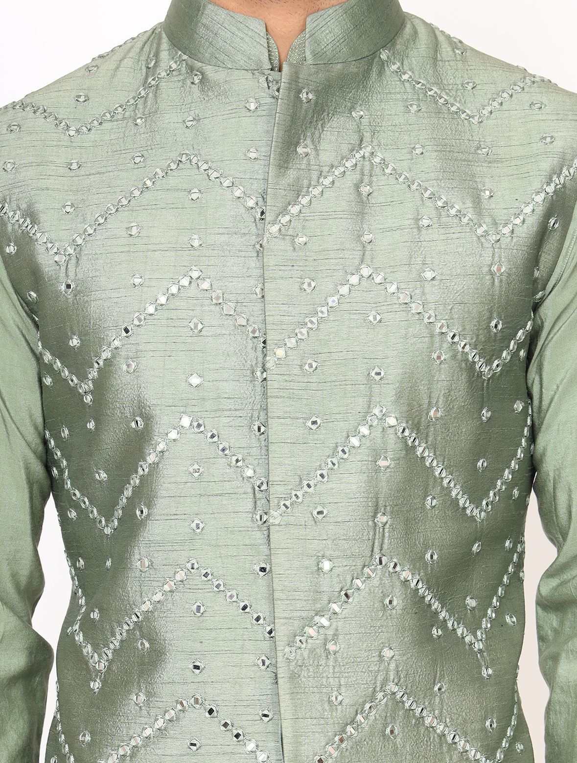Pastel Green Chanderi Silk Kurta With Raw Silk Mirror Work Jacket Trouser Set