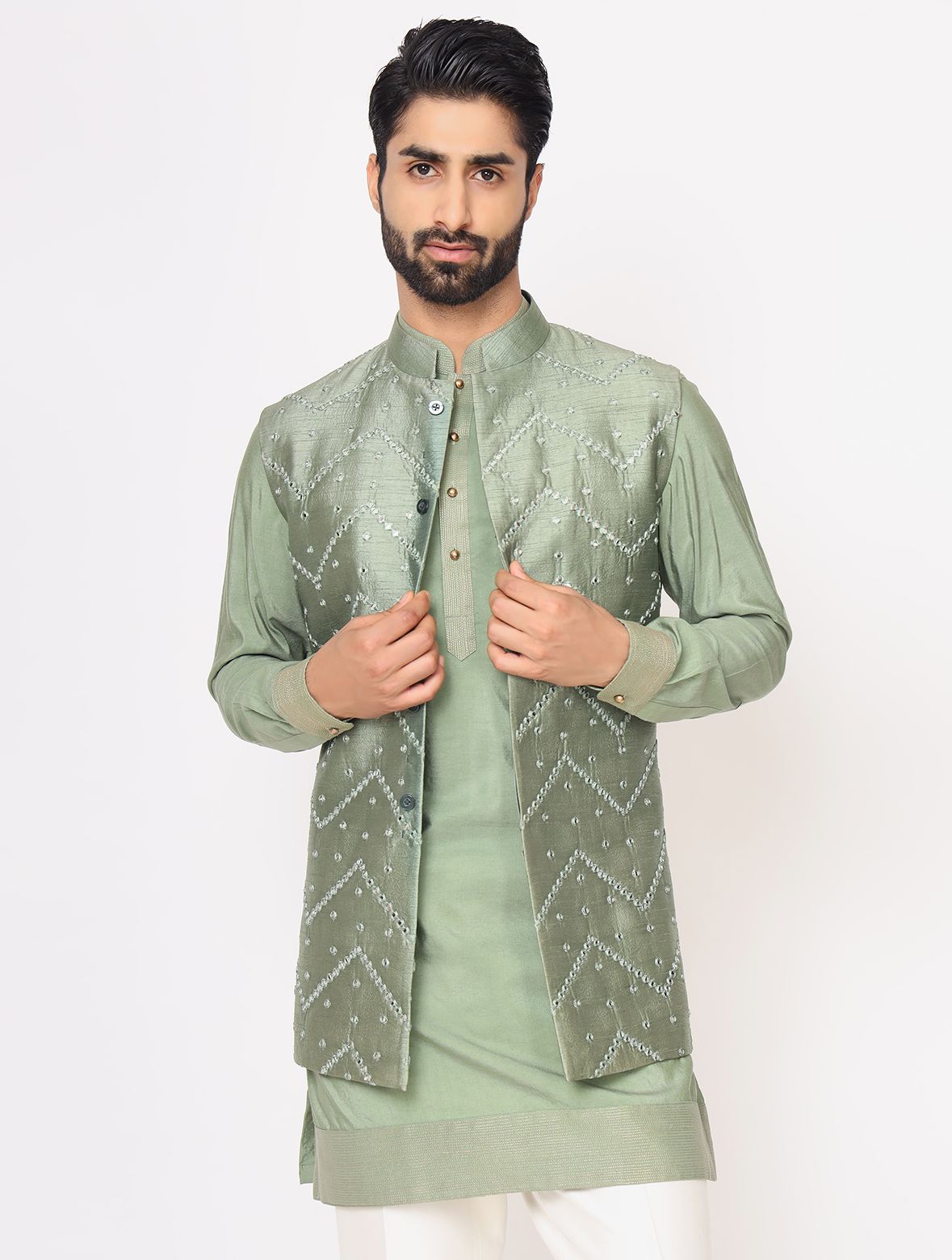 Pastel Green Chanderi Silk Kurta With Raw Silk Mirror Work Jacket Trouser Set