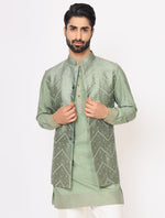 Pastel Green Chanderi Silk Kurta With Raw Silk Mirror Work Jacket Trouser Set