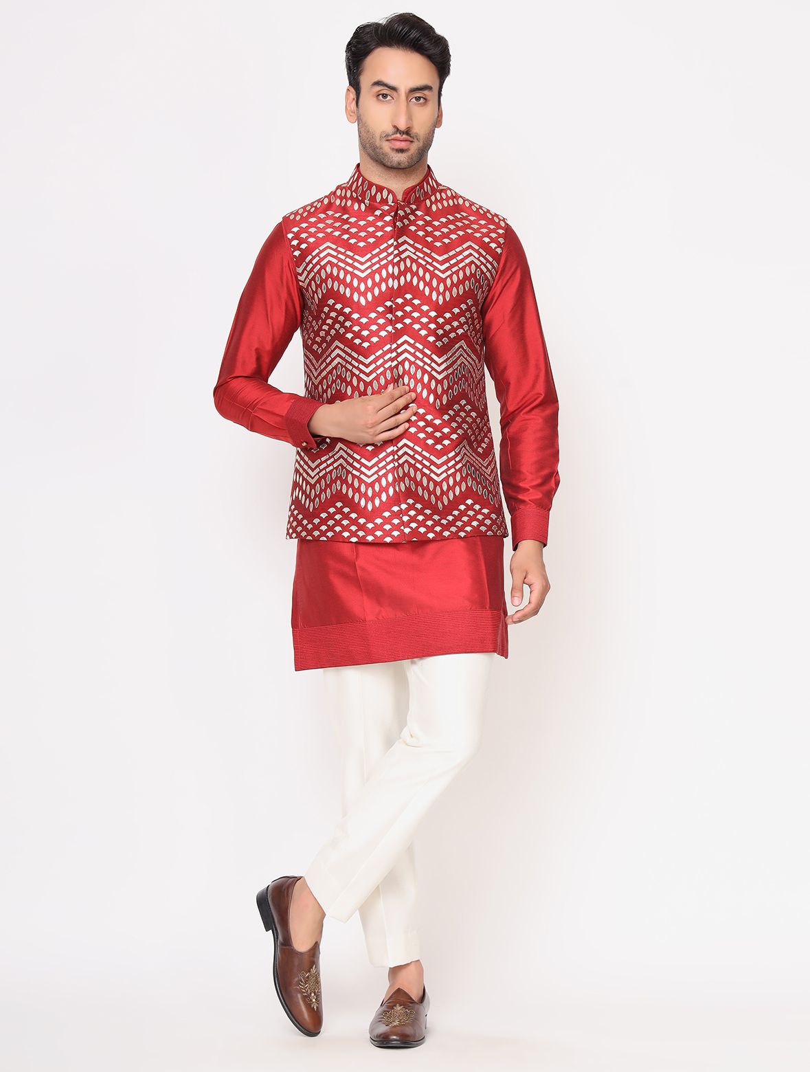 Vibrant Red Chanderi Silk Kurta with Raw Silk Leather Work Jacket Trouser Set