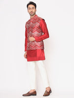 Vibrant Red Chanderi Silk Kurta with Raw Silk Leather Work Jacket Trouser Set
