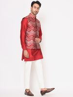 Vibrant Red Chanderi Silk Kurta with Raw Silk Leather Work Jacket Trouser Set