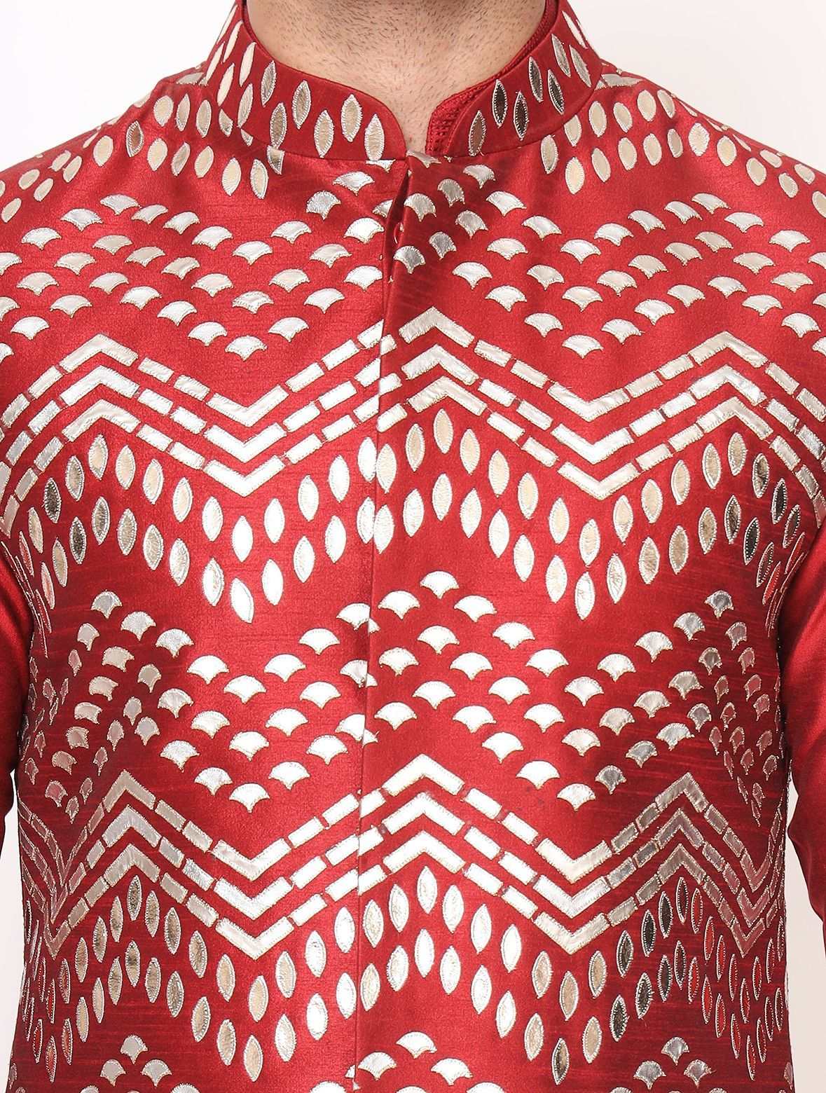 Vibrant Red Chanderi Silk Kurta with Raw Silk Leather Work Jacket Trouser Set