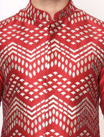 Vibrant Red Chanderi Silk Kurta with Raw Silk Leather Work Jacket Trouser Set