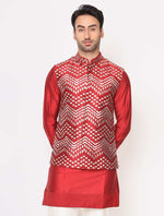 Vibrant Red Chanderi Silk Kurta with Raw Silk Leather Work Jacket Trouser Set