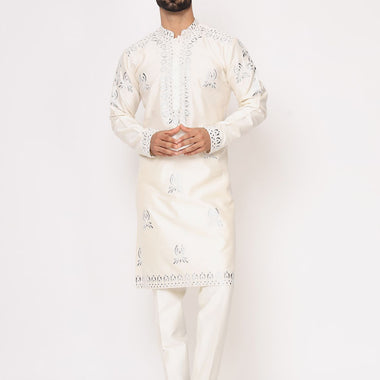 Ivory Silk Mirror Work Kurta Trouser Set