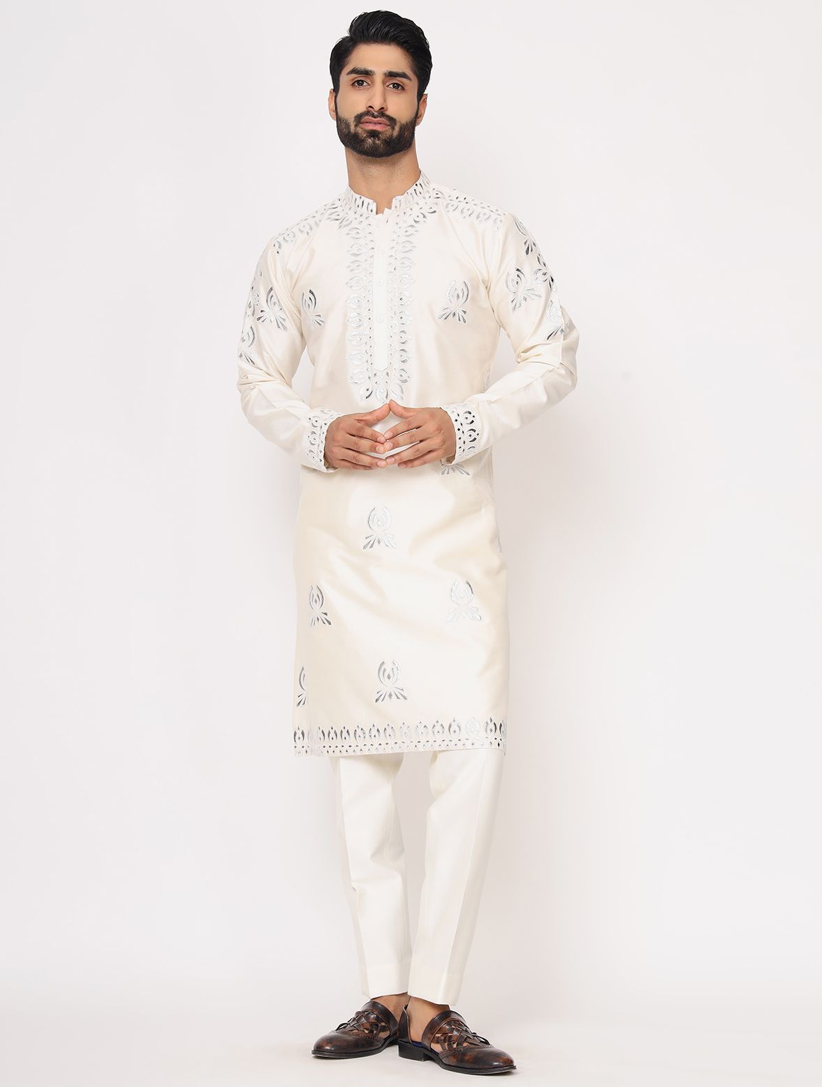 Ivory Silk Mirror Work Kurta Trouser Set