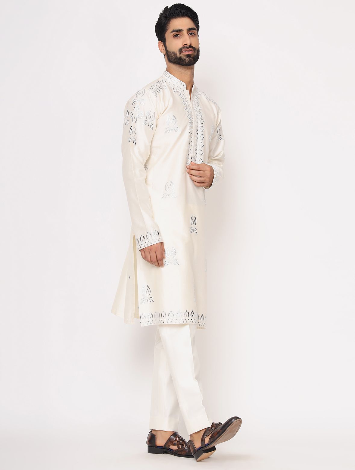 Ivory Silk Mirror Work Kurta Trouser Set