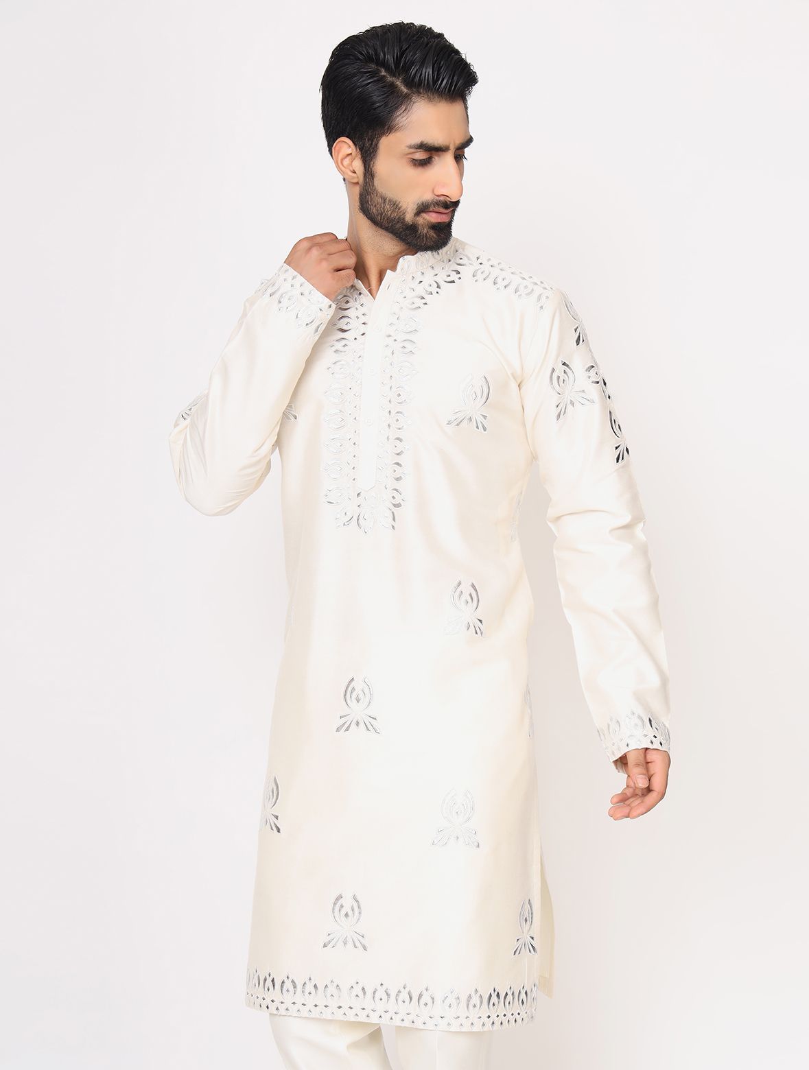 Ivory Silk Mirror Work Kurta Trouser Set