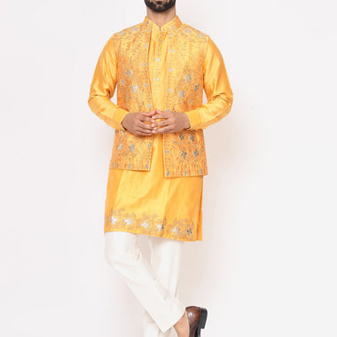 Yellow Chanderi Silk Kurta with Raw Silk Leather Work Hand Embroidered Jacket