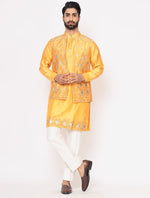 Yellow Chanderi Silk Kurta with Raw Silk Leather Work Hand Embroidered Jacket
