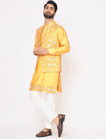 Yellow Chanderi Silk Kurta with Raw Silk Leather Work Hand Embroidered Jacket