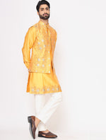 Yellow Chanderi Silk Kurta with Raw Silk Leather Work Hand Embroidered Jacket