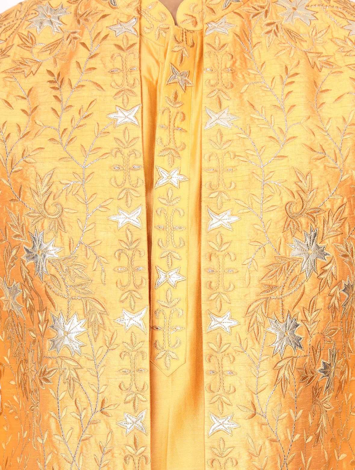 Yellow Chanderi Silk Kurta with Raw Silk Leather Work Hand Embroidered Jacket