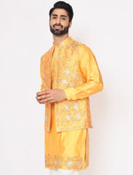 Yellow Chanderi Silk Kurta with Raw Silk Leather Work Hand Embroidered Jacket