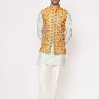 Pista Green Chanderi Silk Kurta with Mustard Raw Silk Jacket Set