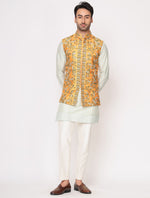Pista Green Chanderi Silk Kurta with Mustard Raw Silk Jacket Set