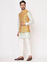 Pista Green Chanderi Silk Kurta with Mustard Raw Silk Jacket Set