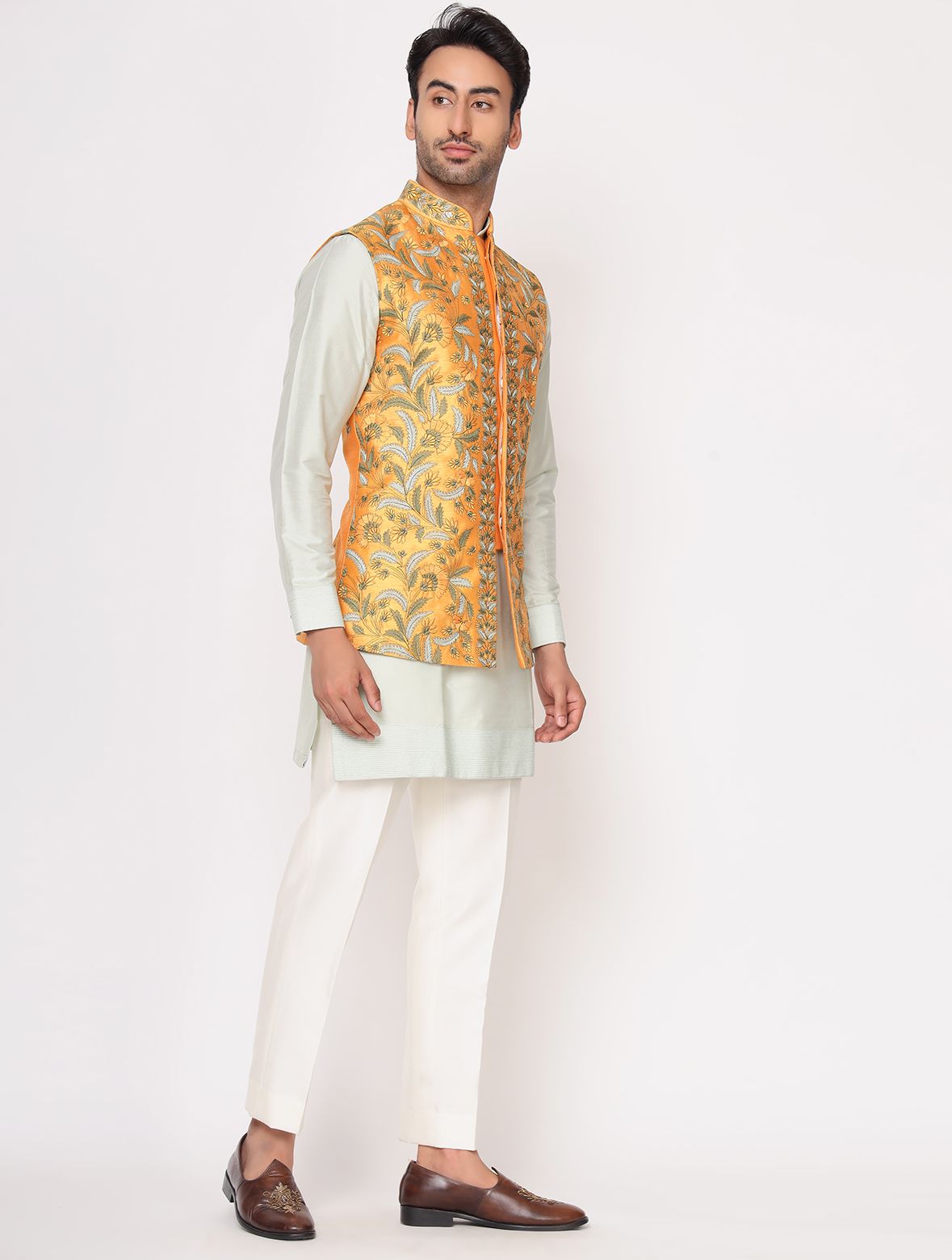 Pista Green Chanderi Silk Kurta with Mustard Raw Silk Jacket Set